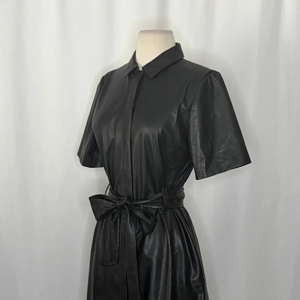 NWT!! J.‎ CREW Solid Black Button Front Faux Leather Dress Belted Vegan Small